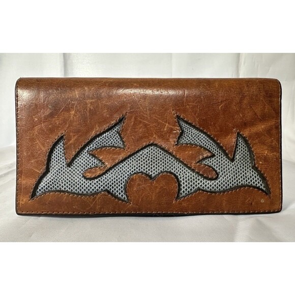 Dark Star Brown Leather Western Southwestern Vintage Checkbook Cover - Picture 1 of 5